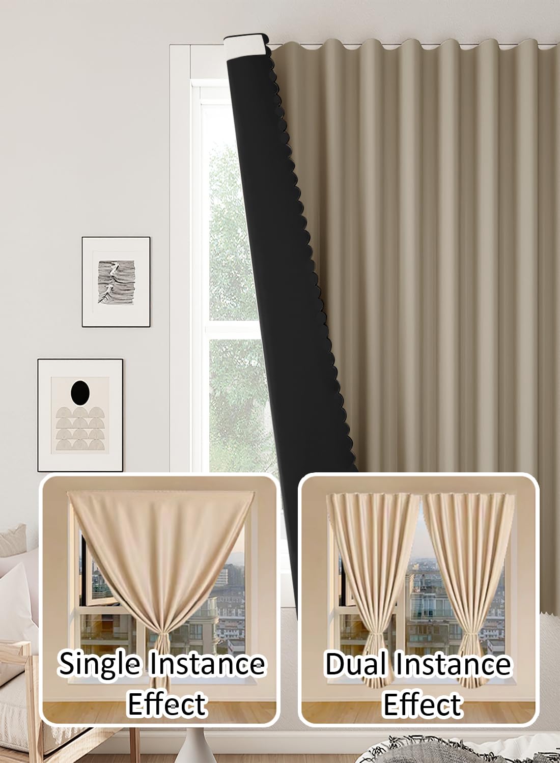 NOVO Velcro Curtains, Pongee No Drill Curtain, 100% Blackout, 1 Panel, W150 x H200CM, Fits Windows 75-100CM Wide, Beige