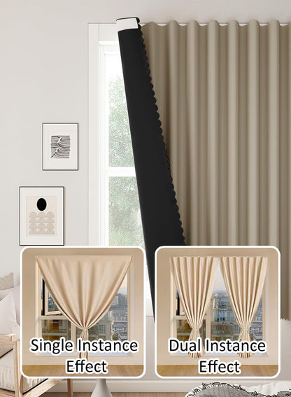 NOVO Velcro Curtains, Pongee No Drill Curtain, 100% Blackout, 1 Panel, W150 x H200CM, Fits Windows 75-100CM Wide, Beige