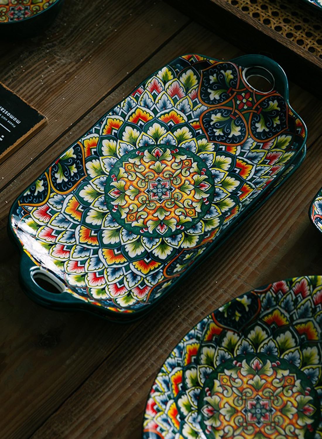12Pcs Dinnerware Set, Gift Kit, Plates and Bowls Sets with Handle, Oven, Dishwasher and Microwave Safe, Green Bohemian
