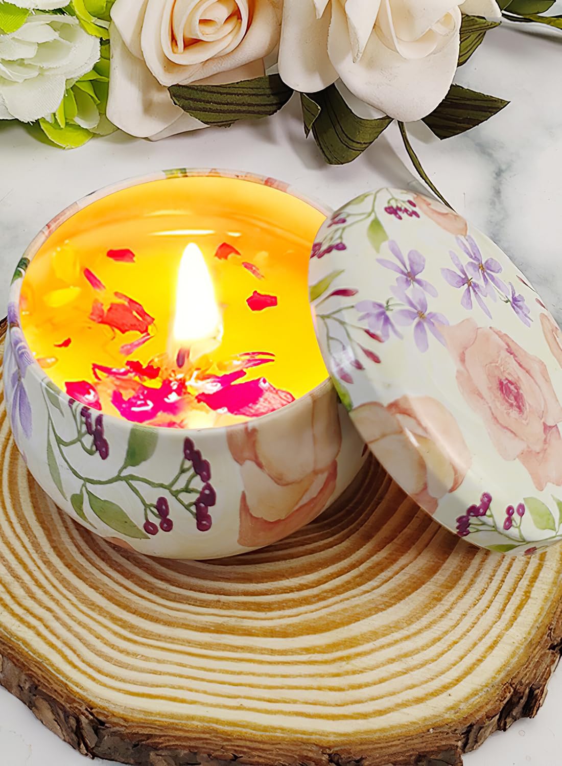 NOVO Scented Candle- 80g Natural Soy Wax Blend Aromatherapy Candle with Pure Essential Oils & Real Dried Flowers -Tuberose