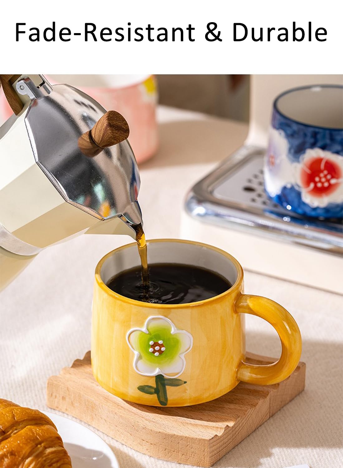 NOVO Hand-Painted Coloful Ceramic Mug Cup,Boho Style, Microwave Dishwasher Oven Safe, for Coffee, Breakfast & Ice Cream 550ml-Dark Blue