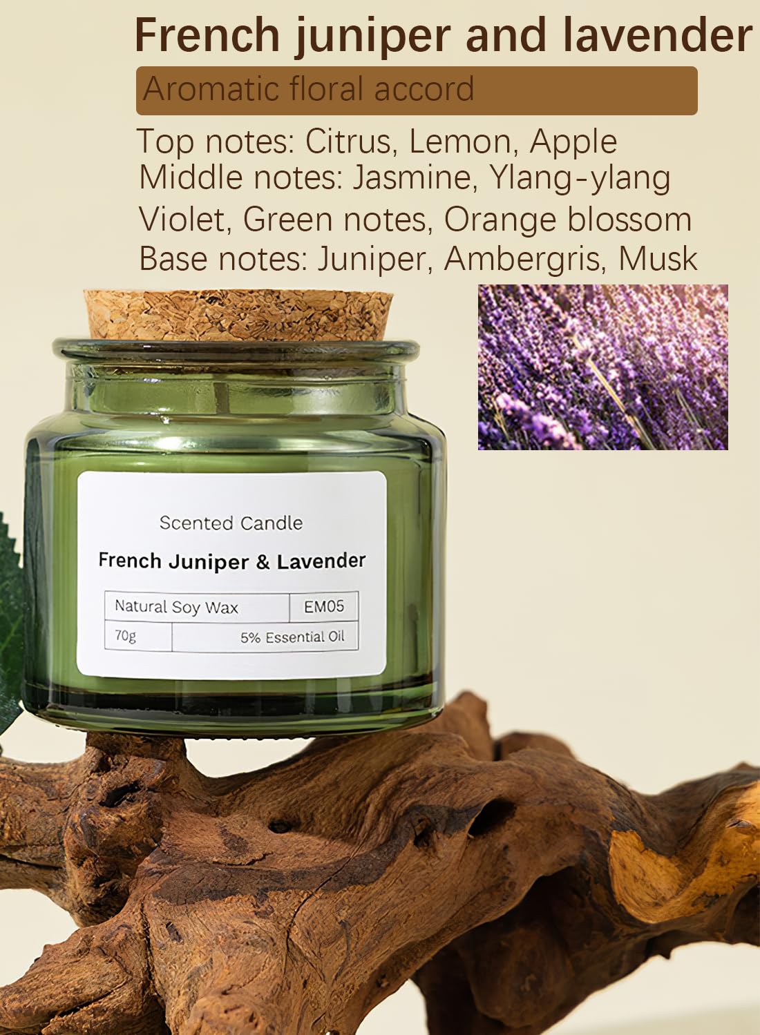 NOVO Scented Candles, 70g Natural Soy Wax Blend Aromatherapy Candle with Pure Essential Oils,12 Hours of Burn Time, or Home SPA Bathing Yoga-French Juniper & Lavender/ Green