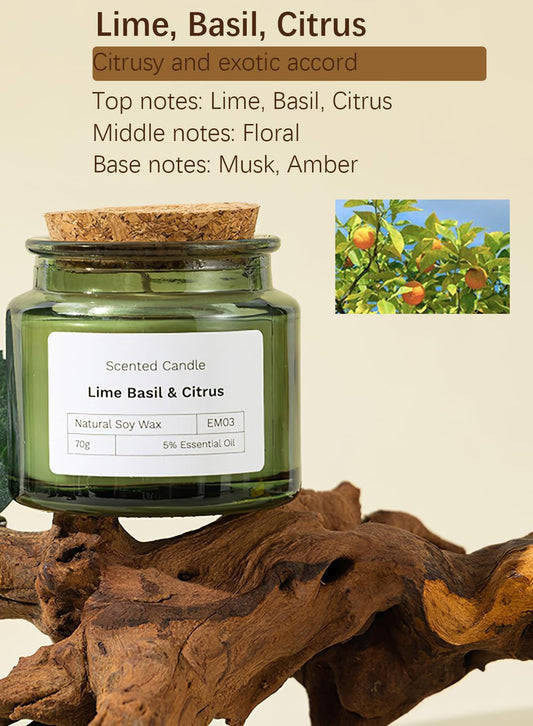 NOVO Scented Candles, 70g Natural Soy Wax Blend Aromatherapy Candle with Pure Essential Oils,12 Hours of Burn Time, or Home SPA Bathing Yoga-Lime Basil & Citrus Green