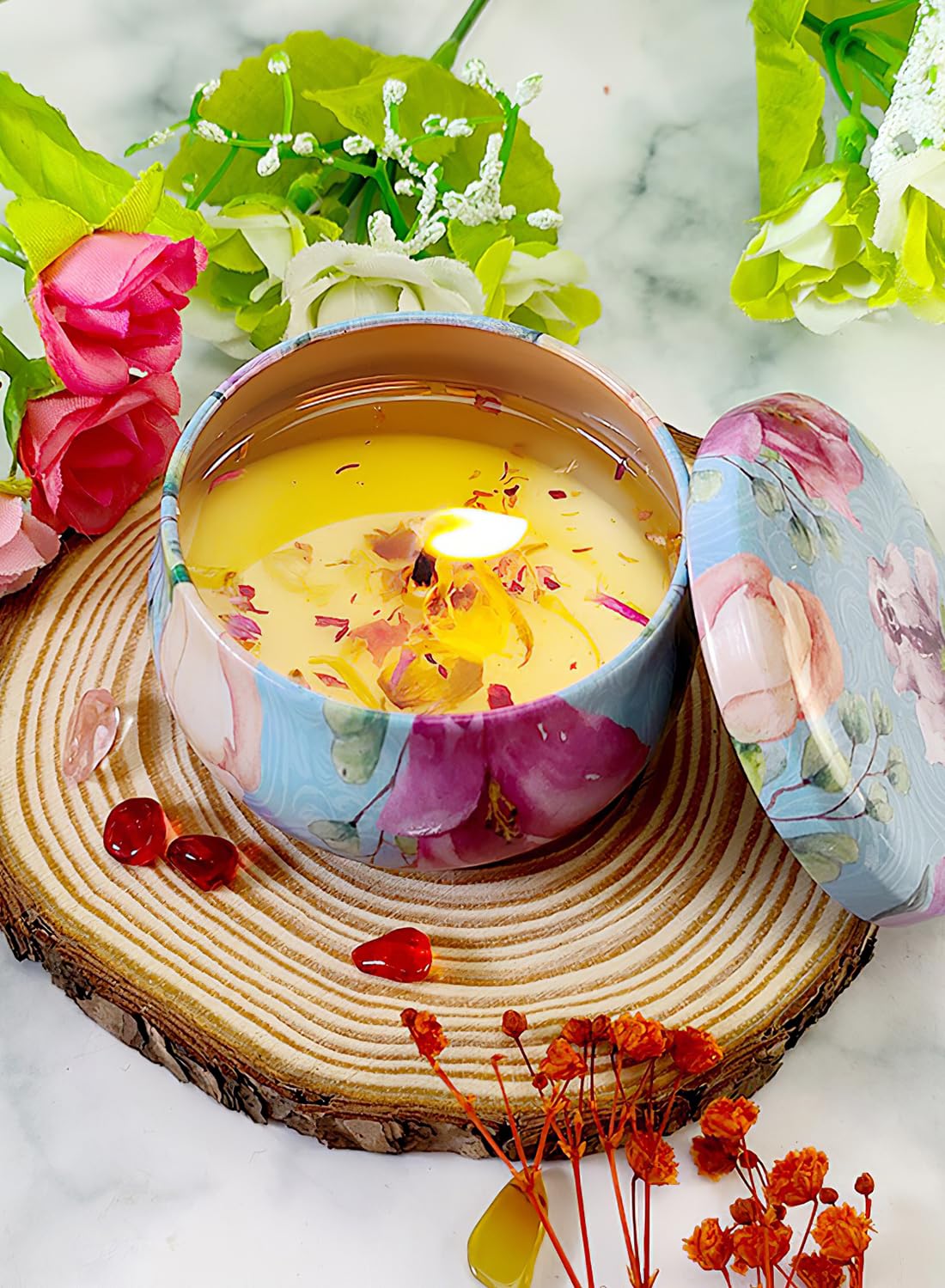 NOVO Scented Candle- 80g Natural Soy Wax Blend Aromatherapy Candle with Pure Essential Oils & Real Dried Flowers -Tuberose