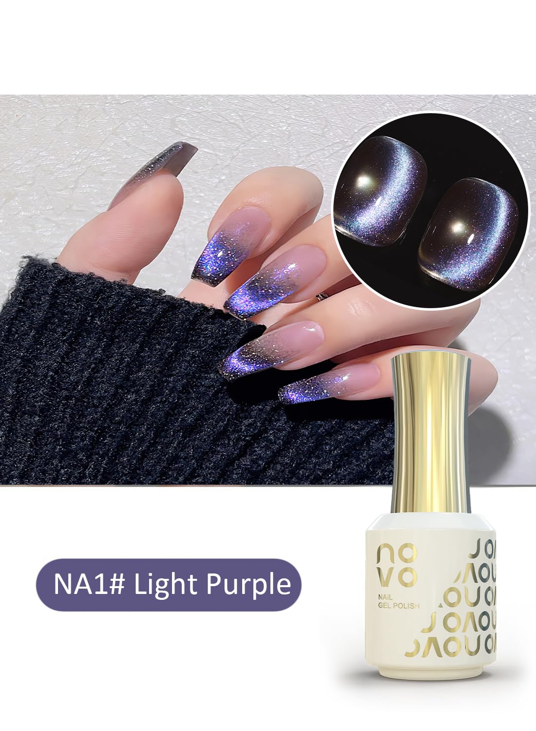 novo Cat Eye Gel Nail Polish, Nail Art Soak Off for Women 12ml-NA1# Light Purple