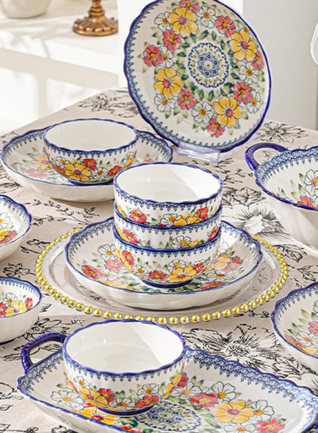 14Pcs Dinnerware Set, Gift Kit, Plates and Bowls Sets, Oven, Dishwasher and Microwave Safe, Polish Flowers