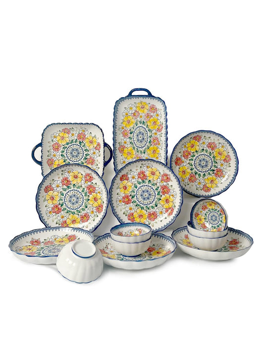 14Pcs Dinnerware Set, Gift Kit, Plates and Bowls Sets, Oven, Dishwasher and Microwave Safe, Polish Flowers