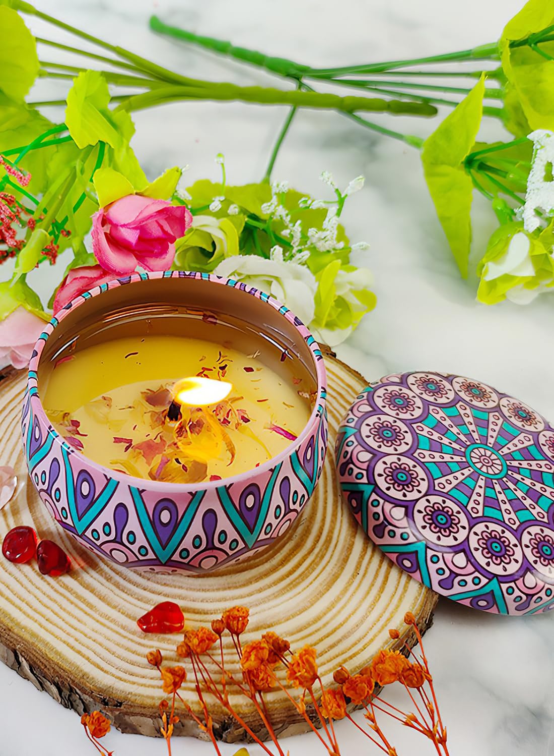 NOVO Scented Candle- 80g Natural Soy Wax Blend Aromatherapy Candle with Pure Essential Oils & Real Dried Flowers -Tuberose
