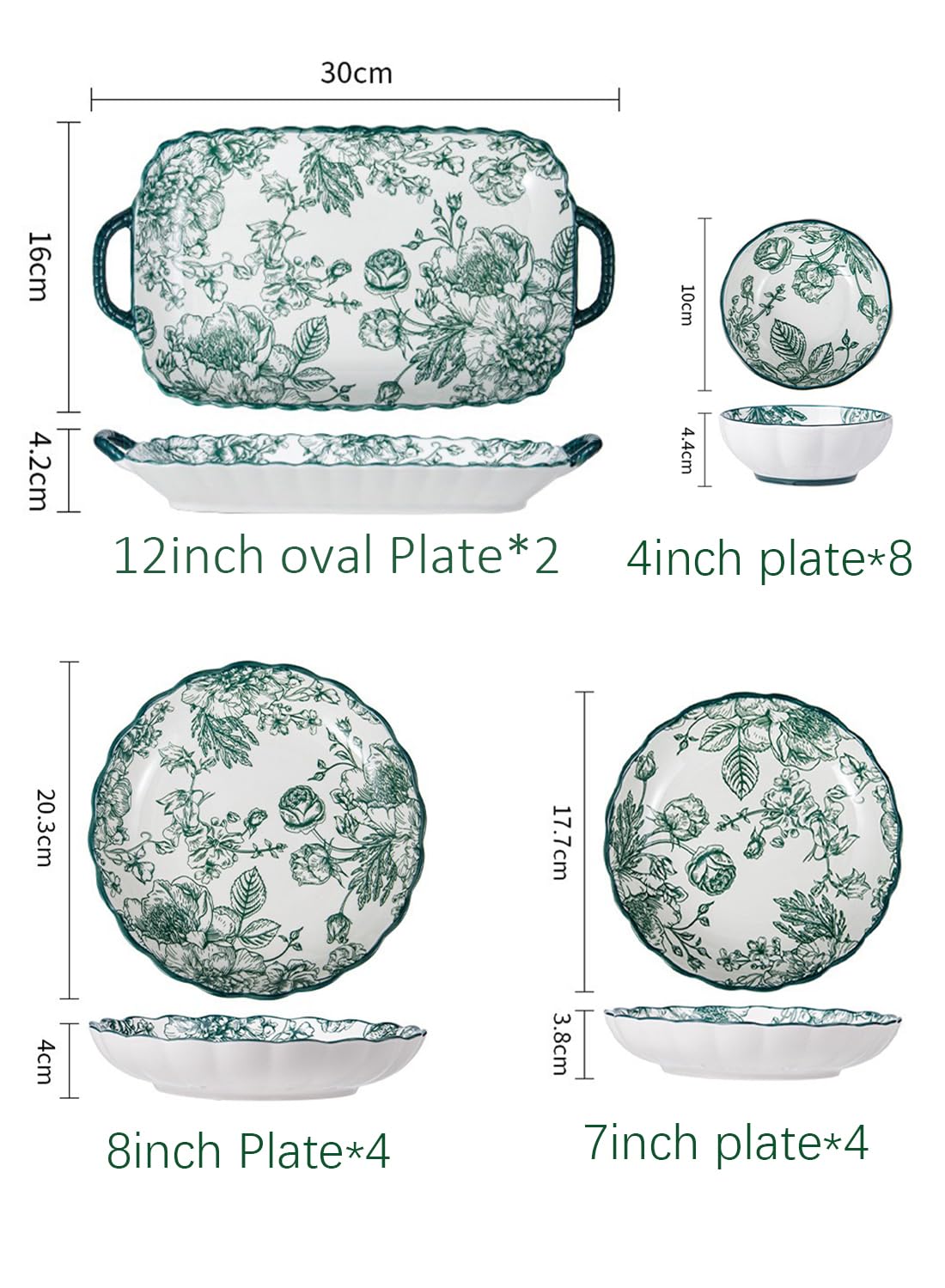 18Pcs Dinnerware Set, Gift Kit, Plates and Bowls Sets, Oven, Dishwasher and Microwave Safe, Green Rose
