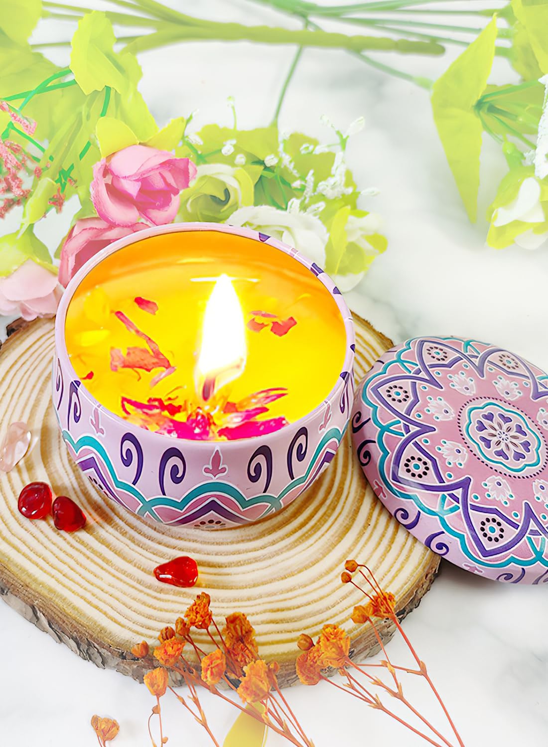 NOVO Scented Candle- 80g Natural Soy Wax Blend Aromatherapy Candle with Pure Essential Oils & Real Dried Flowers -Tuberose