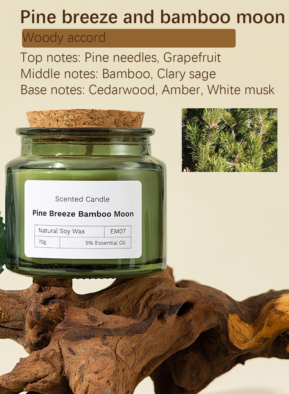 NOVO Scented Candles, 70g Natural Soy Wax Blend Aromatherapy Candle with Pure Essential Oils,12 Hours of Burn Time, or Home SPA Bathing Yoga-Pine Breeze Bamboo Moon /Green