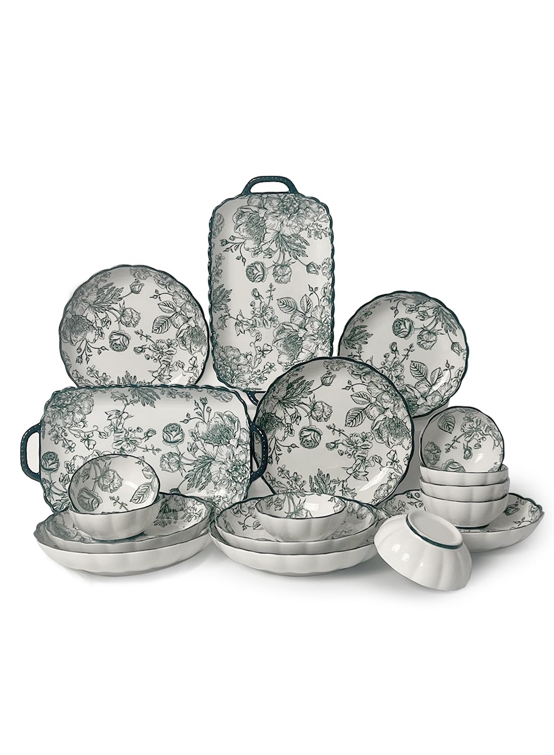 18Pcs Dinnerware Set, Gift Kit, Plates and Bowls Sets, Oven, Dishwasher and Microwave Safe, Green Rose