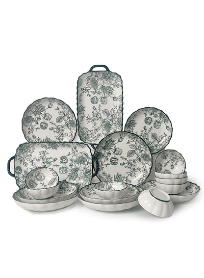 18Pcs Dinnerware Set, Gift Kit, Plates and Bowls Sets, Oven, Dishwasher and Microwave Safe, Green Rose