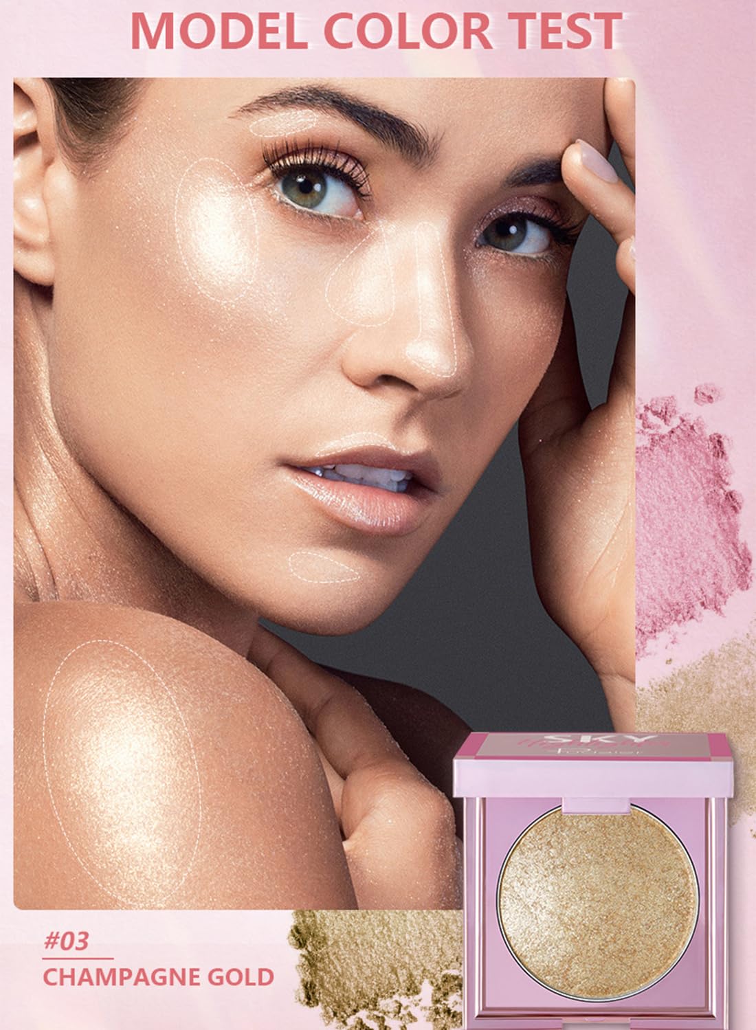 NOVO Highlighter Powder, Shimmering Glitter Long Lasting Waterproof Contour, Smooth Silk Fine Natural Illuminator for Nose Eye Face Body, Creates 3D Look 8G NO.02