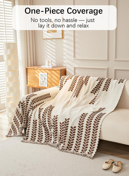 Sofa Couch Cover, Chenille Throw Blanket with Tassels, Reversible Thick Soft Decorative for Furniture Protecter-Brown, W180xL380cm