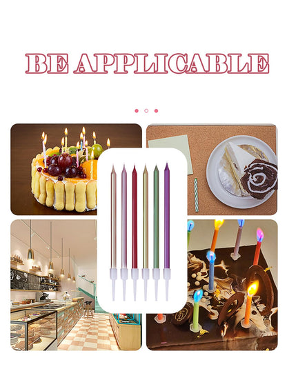 Colorful Long Thin Metallic Birthday Candles Kit£¬Glittery Cake Toppers with Cute Designs, Perfect for Kids' Parties, Anniversaries, and Celebrations-6Pcs Set Colorful