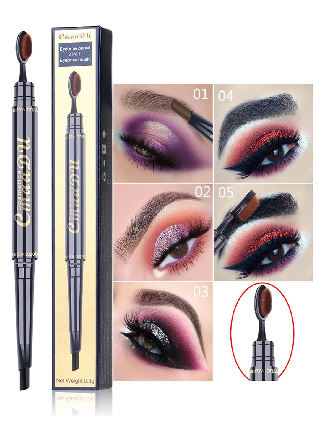 NOVO Eyebrow Toothbrush Pencil, Dual-Edned Brows Pen, Waterproof Long Lasting Double Head Brow Enhancer for Women - Dark Brown