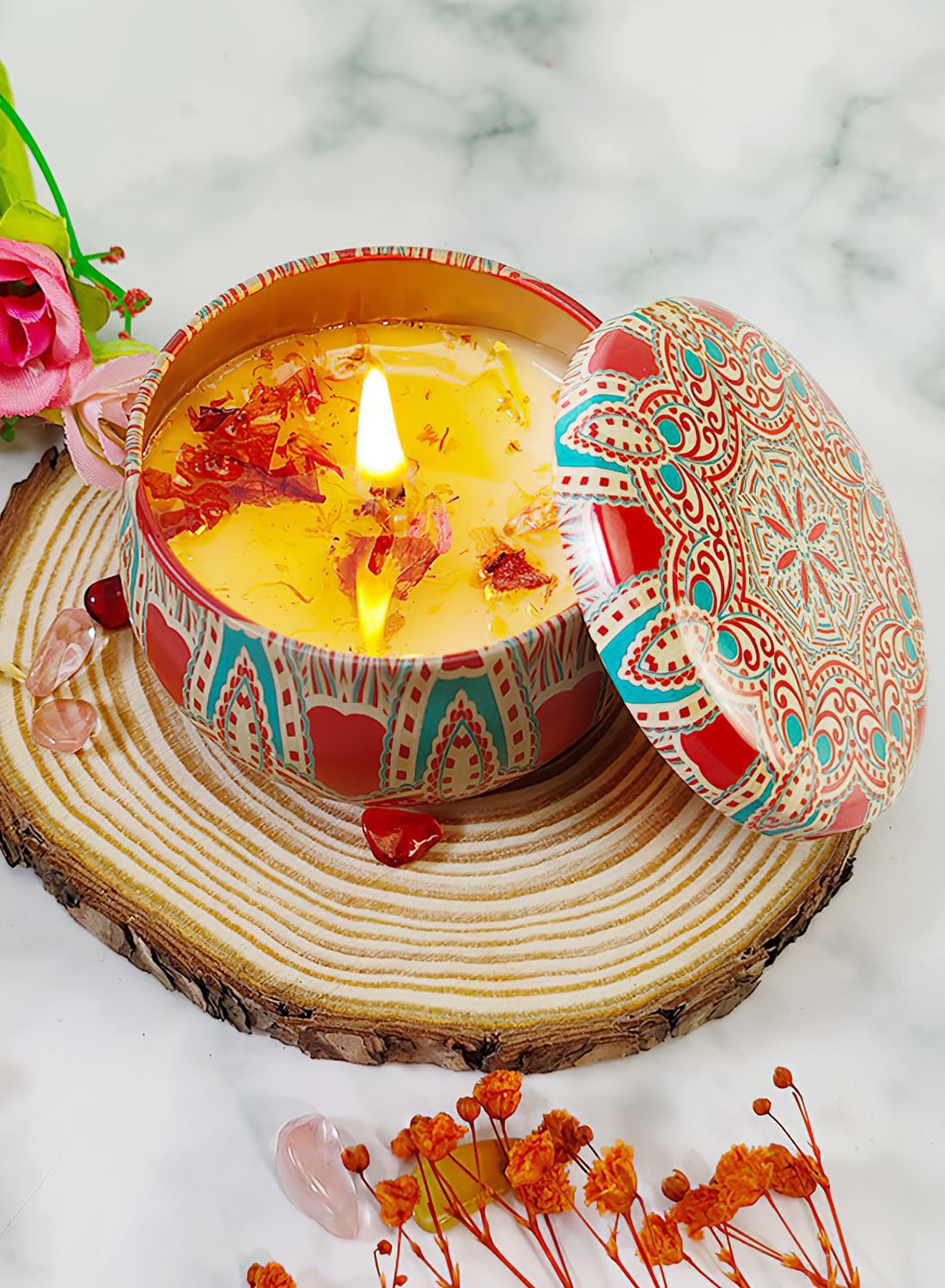 NOVO Scented Candle- 80g Natural Soy Wax Blend Aromatherapy Candle with Pure Essential Oils & Real Dried Flowers -Tuberose