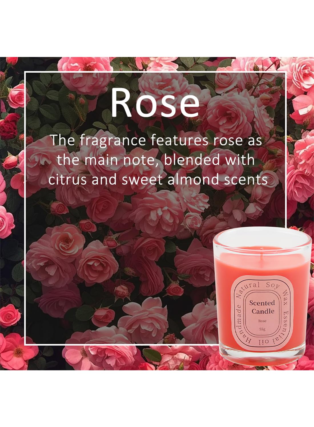 NOVO Scented Candles, Natural Soy Wax Blend Aromatherapy Candle with Pure Essential Oils 55g-Rose 20#
