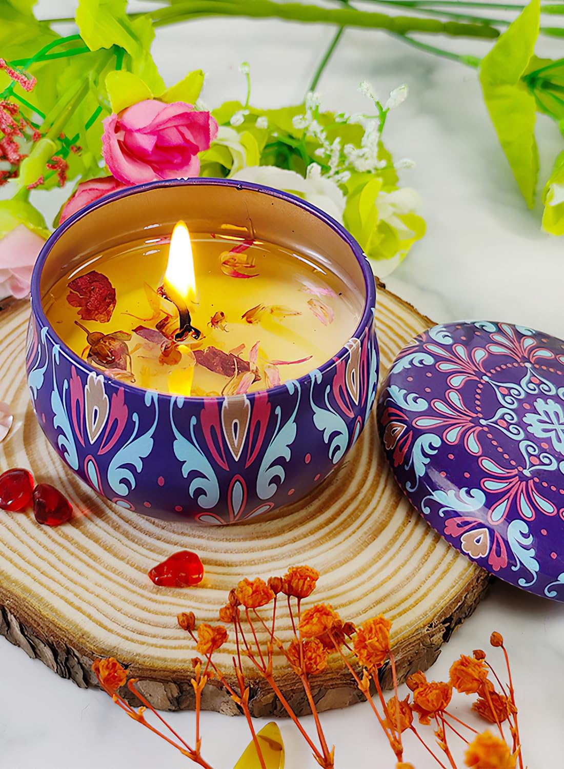 NOVO Scented Candle- 80g Natural Soy Wax Blend Aromatherapy Candle with Pure Essential Oils & Real Dried Flowers -Tuberose