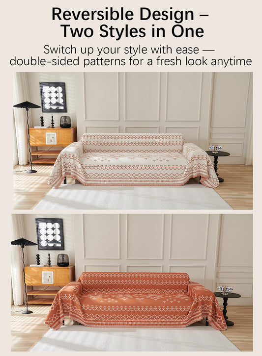 Sofa Couch Cover, Chenille Throw Blanket with Tassels, Reversible Thick Soft Decorative for Furniture Protecter-Orange, W180xL380cm