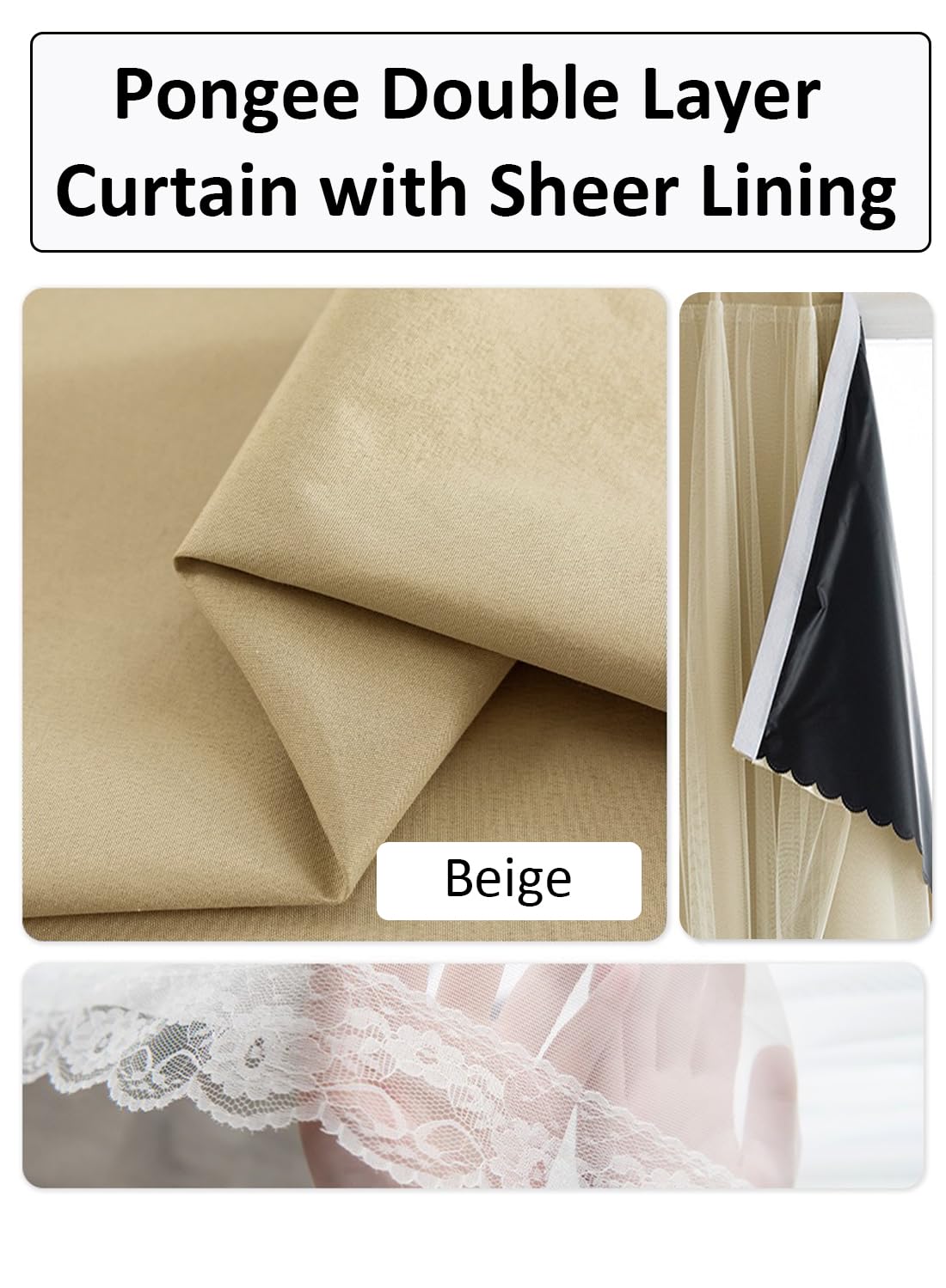 NOVO Velcro Curtains, Pongee No Drill Curtain, 100% Blackout, 1 Panel, W150 x H200CM, Fits Windows 75-100CM Wide, Beige