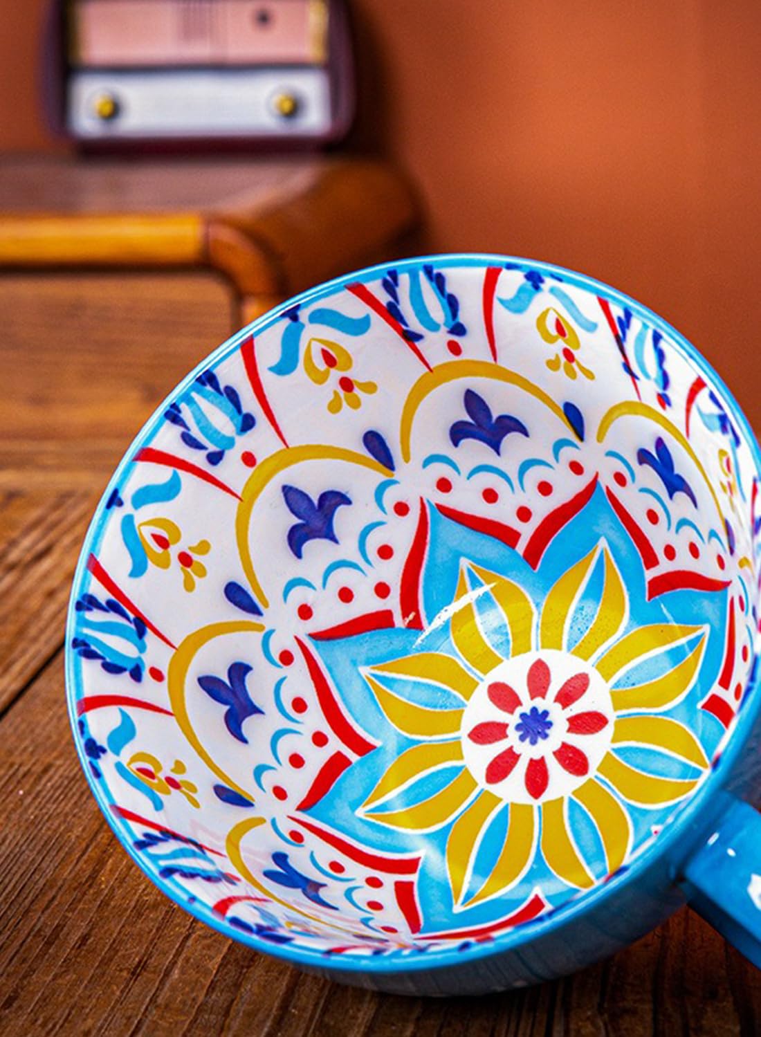 NOVO Hand-Painted Coloful Ceramic Mug Cup,Boho Style, Microwave Dishwasher Oven Safe, for Coffee, Breakfast & Ice Cream 550ml-Dark Blue