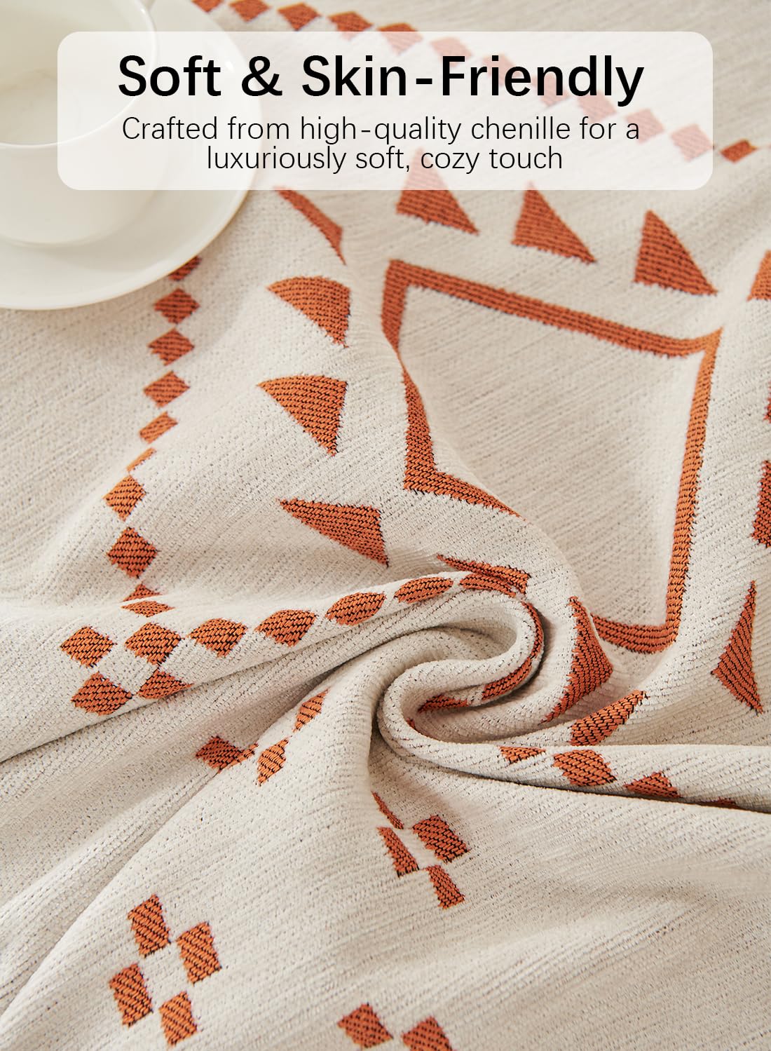 Sofa Couch Cover, Chenille Throw Blanket with Tassels, Reversible Thick Soft Decorative for Furniture Protecter-Orange, W180xL380cm