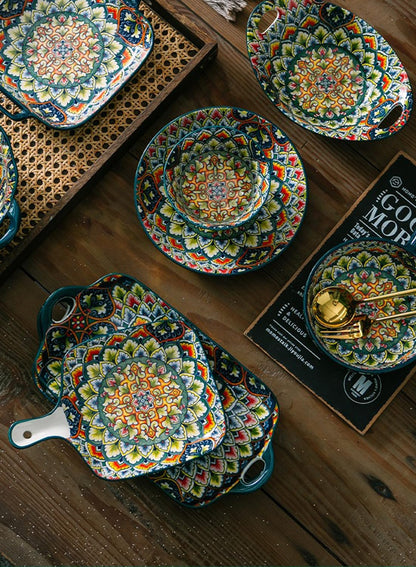 12Pcs Dinnerware Set, Gift Kit, Plates and Bowls Sets with Handle, Oven, Dishwasher and Microwave Safe, Green Bohemian