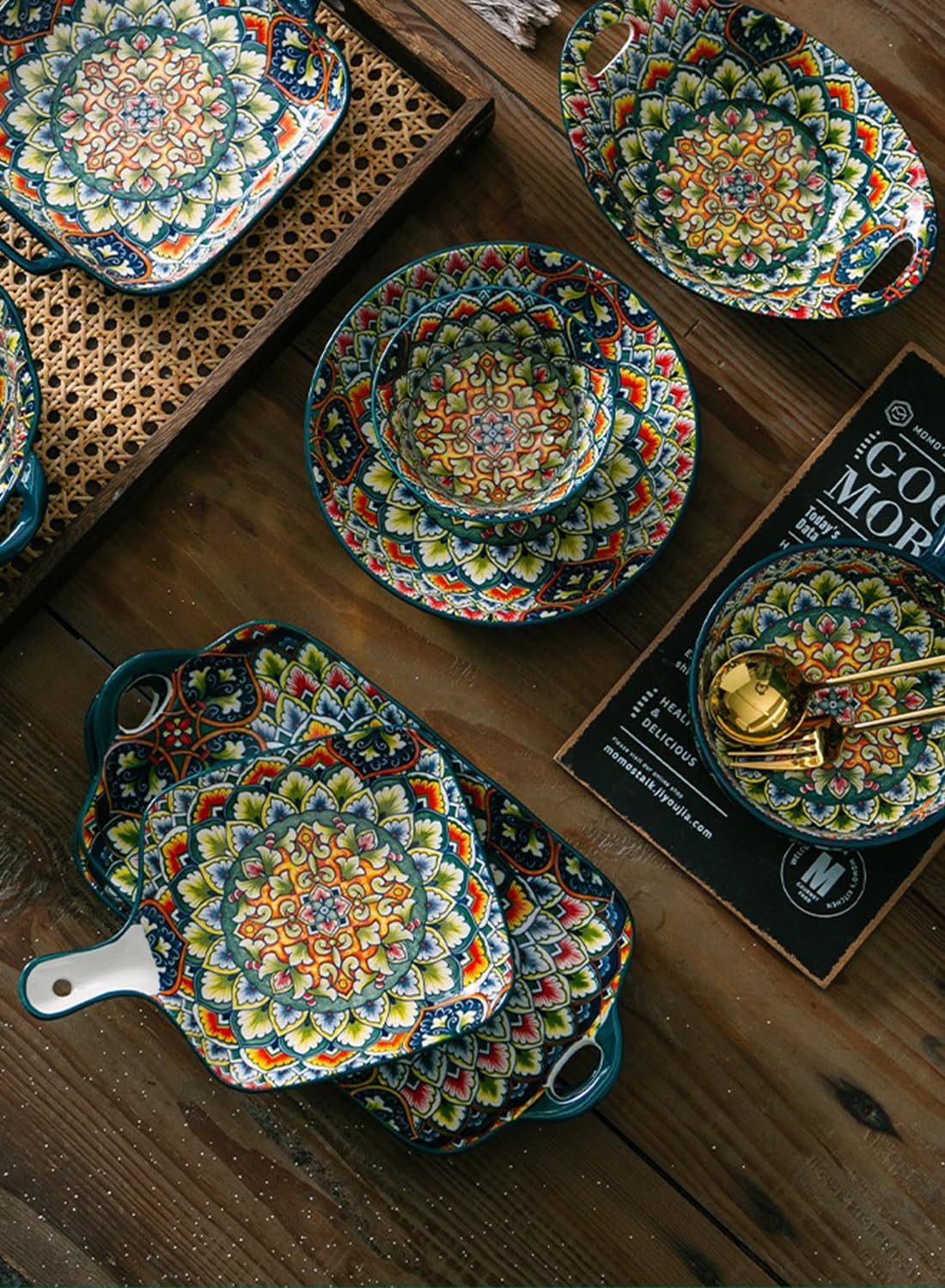 12Pcs Dinnerware Set, Gift Kit, Plates and Bowls Sets with Handle, Oven, Dishwasher and Microwave Safe, Green Bohemian