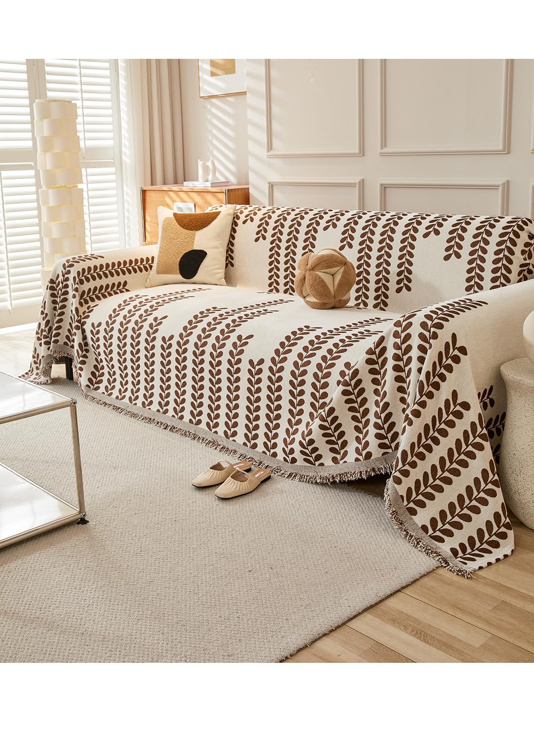 Sofa Couch Cover, Chenille Throw Blanket with Tassels, Reversible Thick Soft Decorative for Furniture Protecter-Brown, W180xL340cm