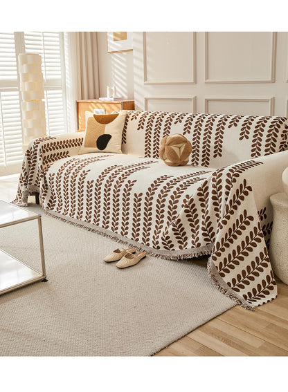 Sofa Couch Cover, Chenille Throw Blanket with Tassels, Reversible Thick Soft Decorative for Furniture Protecter-Brown, W180xL380cm