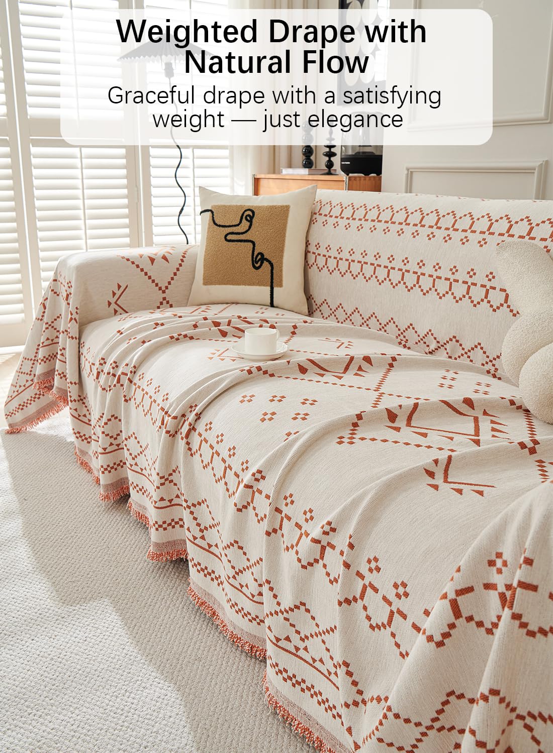 Sofa Couch Cover, Chenille Throw Blanket with Tassels, Reversible Thick Soft Decorative for Furniture Protecter-Orange, W180xL340cm