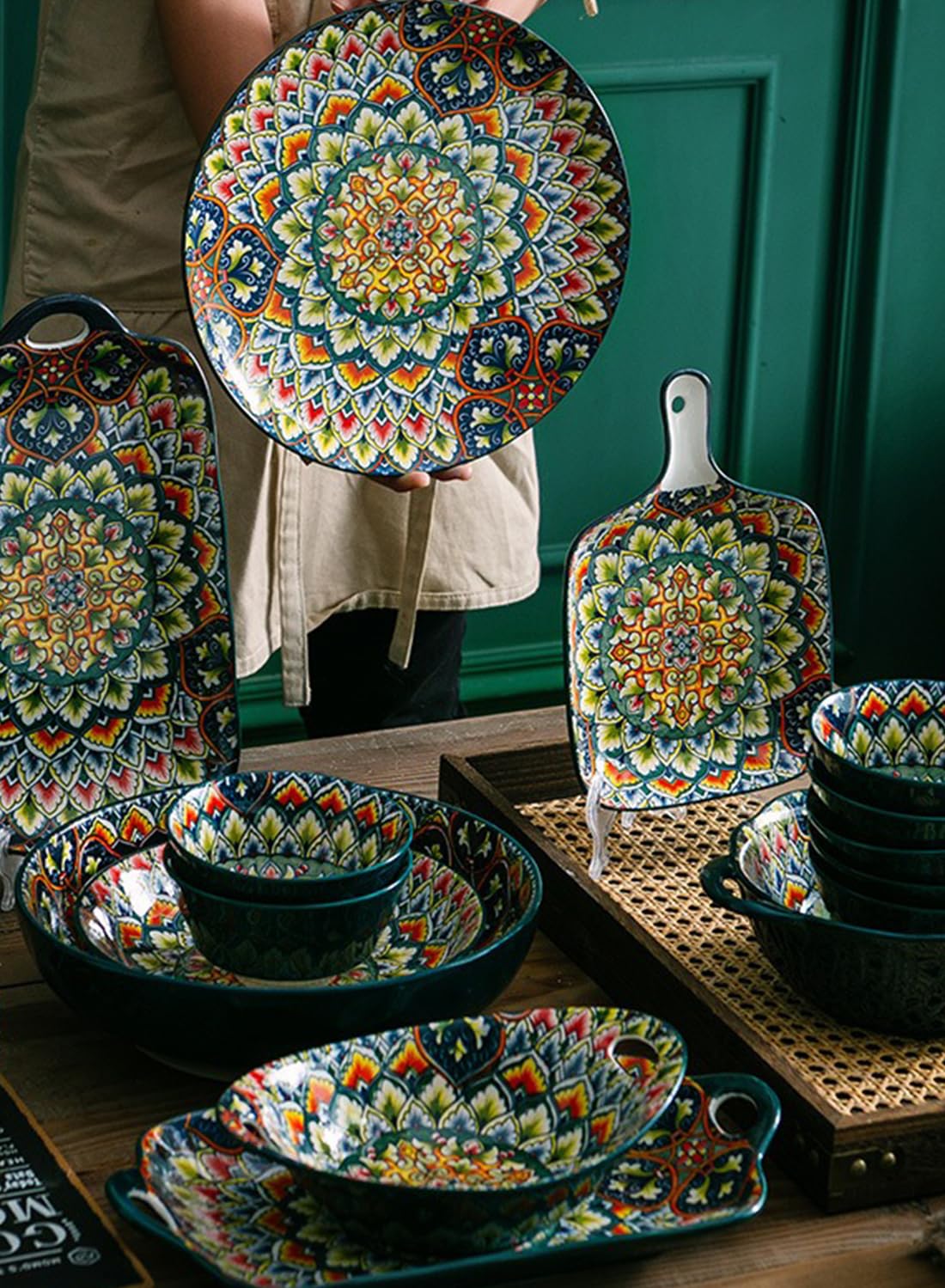 18Pcs Dinnerware Set, Gift Kit, Plates and Bowls Sets, Oven, Dishwasher and Microwave Safe, Green Rose