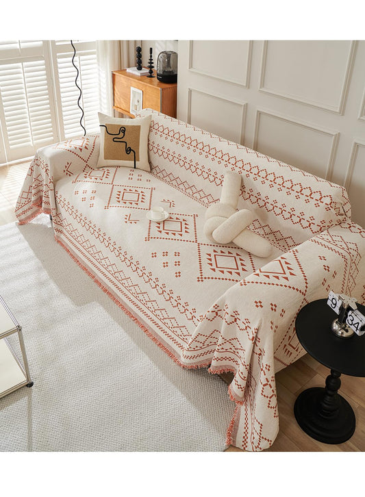 Sofa Couch Cover, Chenille Throw Blanket with Tassels, Reversible Thick Soft Decorative for Furniture Protecter-Orange, W180xL340cm