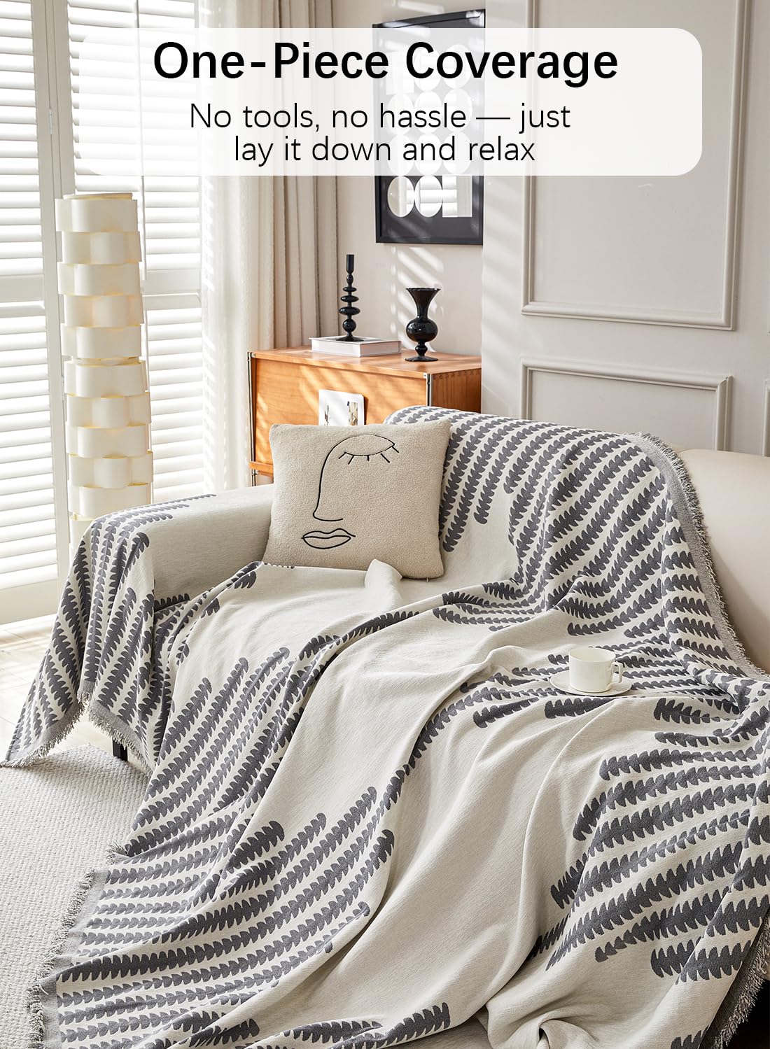 Sofa Couch Cover, Chenille Throw Blanket with Tassels, Reversible Thick Soft Decorative for Furniture Protecter-Light Grey, W180xL380cm